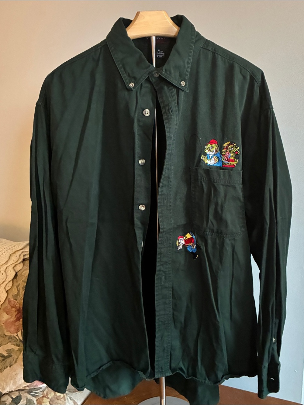 Dark Green Button-Up Shirt with Embroidered Fishing Characters